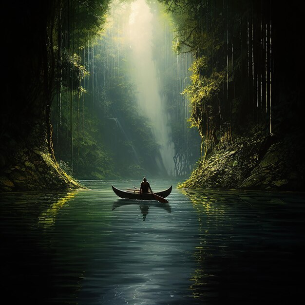 A lone boat floating down a river