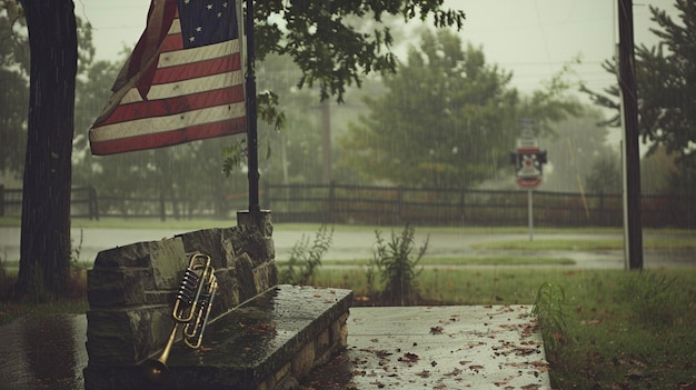 Photo a lone bugle resting on a stone bench in front of a large american flag soft rain falling symbolizing the mournful notes of taps