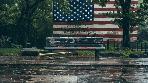 A lone bugle resting on a stone bench in front of a large American flag soft rain falling symbolizing the mournful notes of Taps