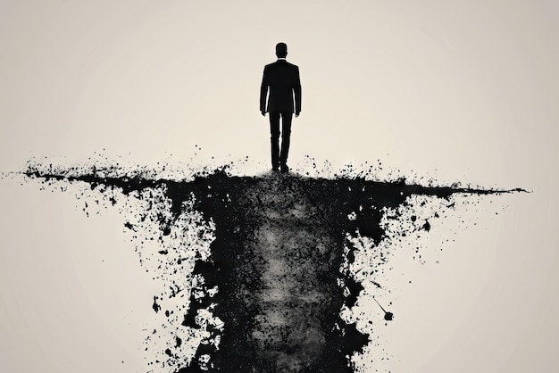 A lone businessman walks confidently on a crumbling path the abyss yawning below A stark visual of risk and uncertainty