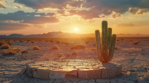 A lone cactus stands on a stone platform in the desert with a dramatic sunset in the background