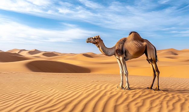 A lone camel stands on a sand dune in the Sahara Desert gazing out at the horizon under a blue sky