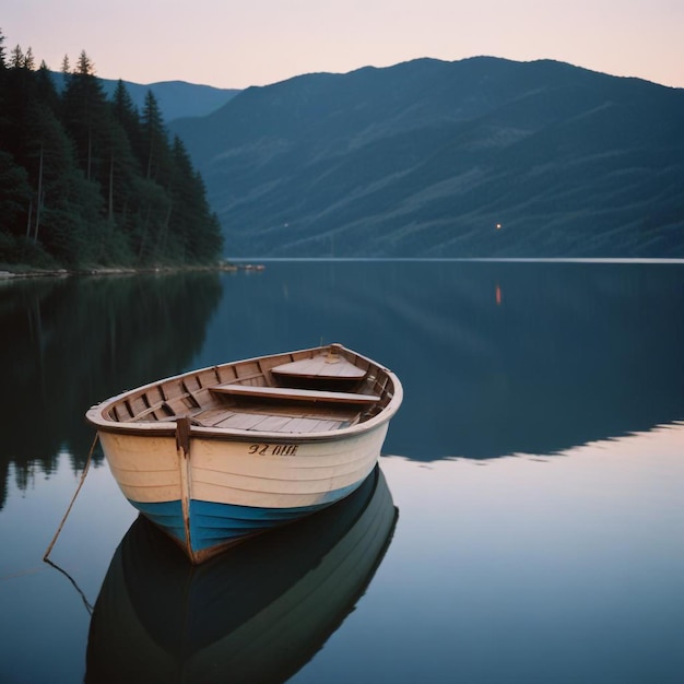 Photo a lone canoe drifts serenely across a tranquil lake evoking solitude and peace in a picturesque