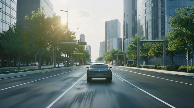 A lone car cruises a sunlit city street flanked by modern skyscrapers