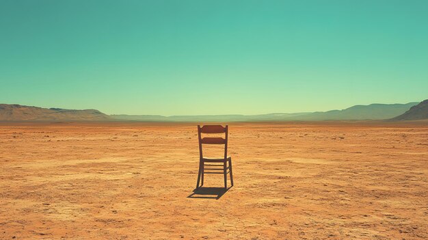 Photo a lone chair in a vast barren desert landscape under a clear blue sky