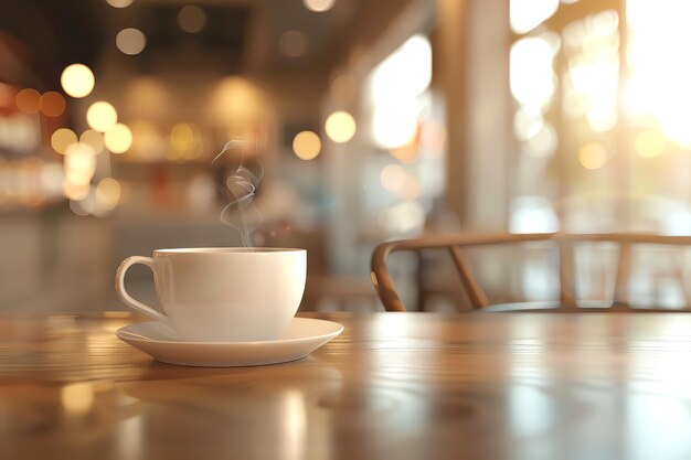 Lone coffee cup sharp focus cafe blur backdrop soft indoor lighting