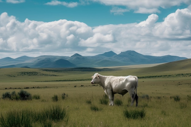 Lone cow grazing on green prairie surrounded by mountains generative IA