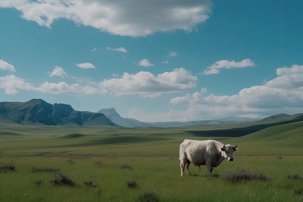 Lone cow grazing on green prairie surrounded by mountains generative IA