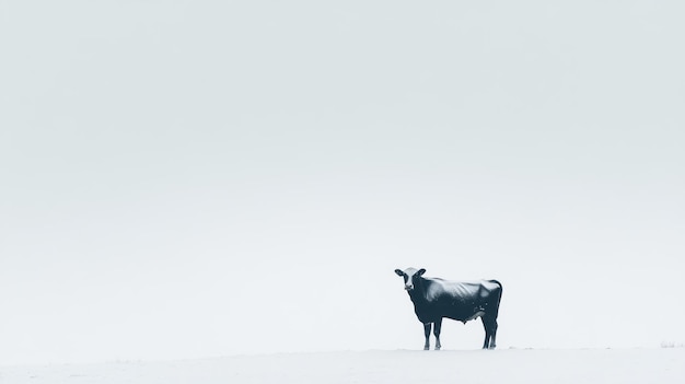 Photo a lone cow stands in a snowy field under a hazy sky