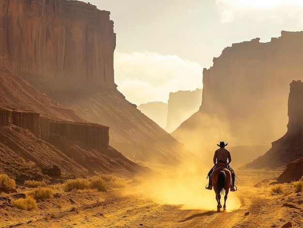 Photo lone cowboy riding through a sunbaked deserted canyon