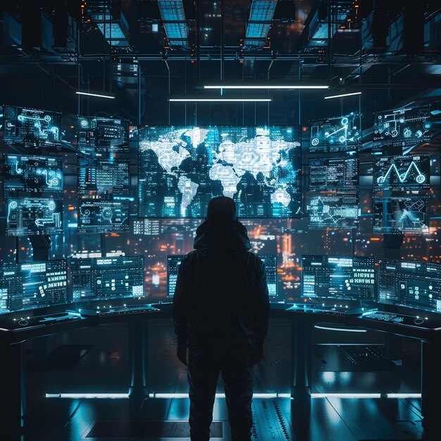 Lone Cyberpunk Hacker in a Dark Room with Holographic Screens