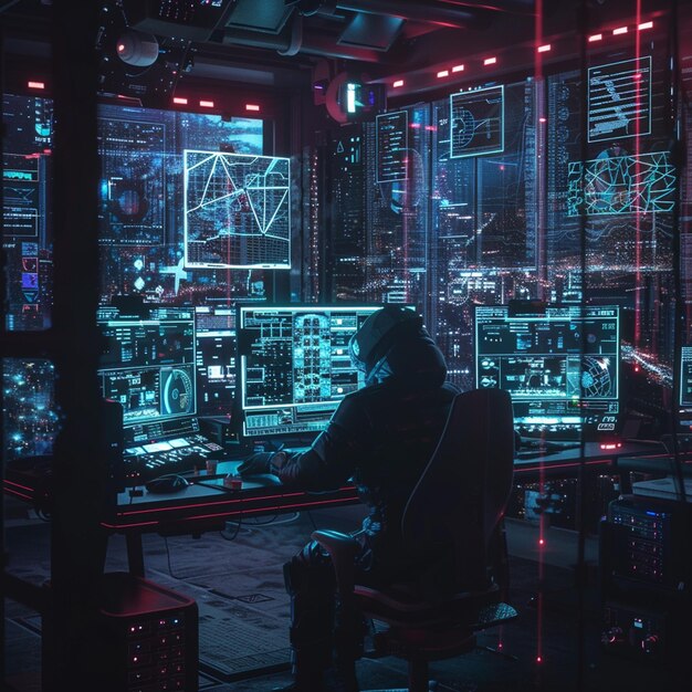 Lone Cyberpunk Hacker in a Dark Room with Holographic Screens