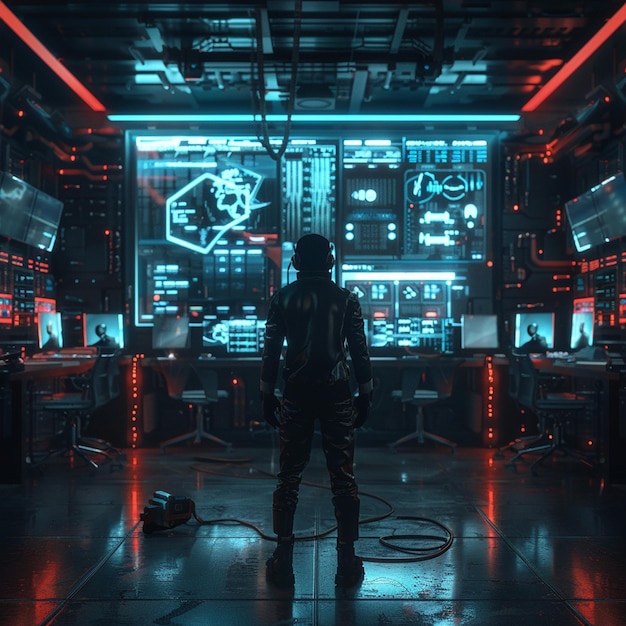 Lone Cyberpunk Hacker in a Dark Room with Holographic Screens