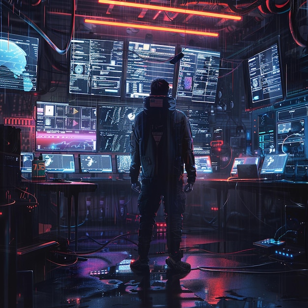 Lone Cyberpunk Hacker in a Dark Room with Holographic Screens