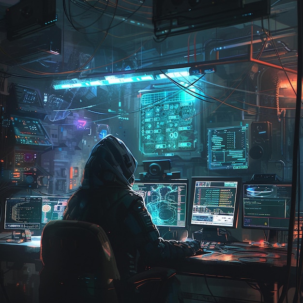 Photo lone cyberpunk hacker in a dark room with holographic screens