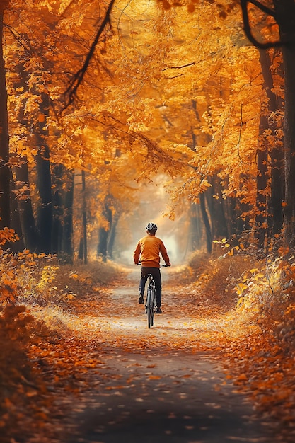 A lone cyclist rides through a pathway in a forest with bright yellow fall foliage The sun shines through the trees casting a warm glow on the scene