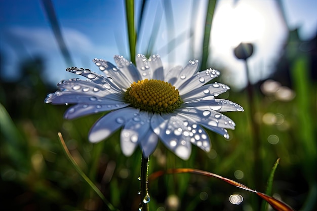 Lone daisy in green field white petals under blue sky generative IA