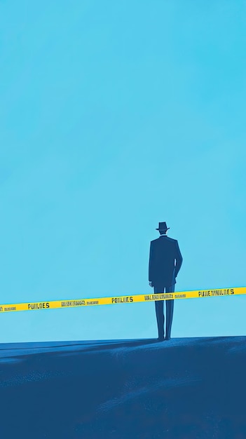 The lone detective walks towards the yellow tape a stark contrast against the blue sky the weight of the investigation heavy on his shoulders