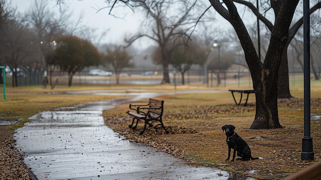 A lone dog sits on the edge of a park pathway on a rainy day The park is empty except for a few trees and a bench