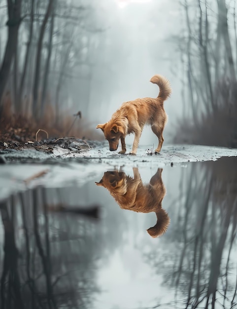 a lone dog sniffing the ground by a water puddle in a misty forest