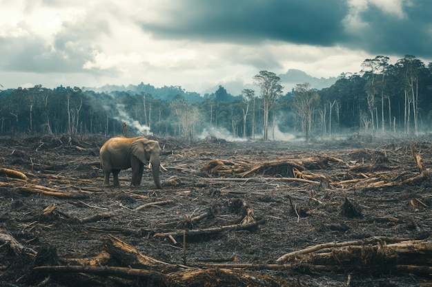 Photo a lone elephant stands in a barren landscape marked by deforestation highlighting the urgent need to protect endangered species and habitats generative ai