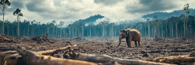 A lone elephant wanders through a barren landscape marked by deforestation emphasizing the urgent need to protect endangered species Generative AI