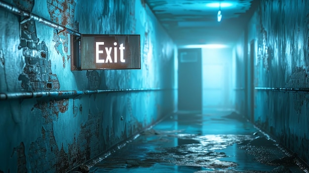 A lone exit sign glows ominously in a dilapidated waterlogged corridor offering a haunting path to escape