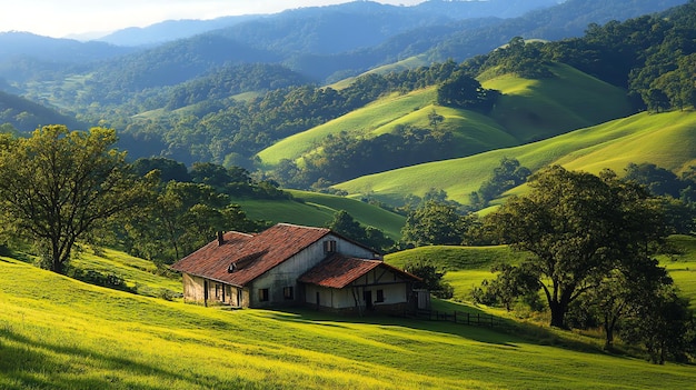 A lone farmhouse sits on a rolling green hillside surrounded by lush vegetation and majestic mountains