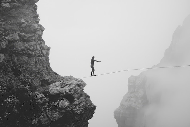 A lone figure bravely crosses a tightrope stretched between rocky cliffs shrouded in mist symbolizing the delicate balance and courage in lifes journey