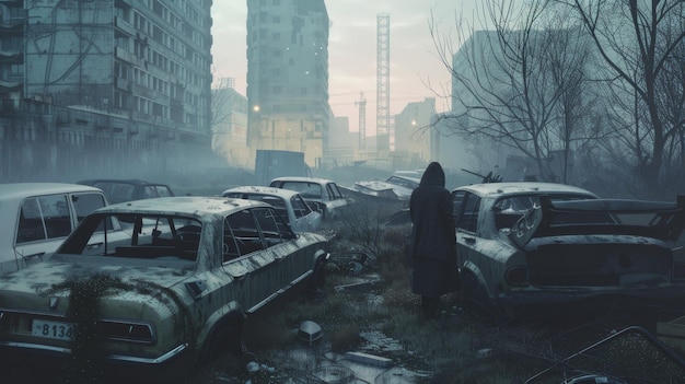 A lone figure in a dark coat walks through a deserted foggy urban landscape filled with decaying vehicles and buildings