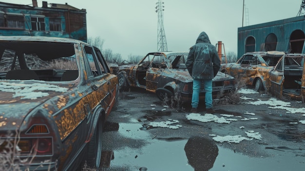 A lone figure in a hooded jacket stands amid a desolate junkyard of rusted cars surrounded by snow and decay reflecting abandonment and desolation