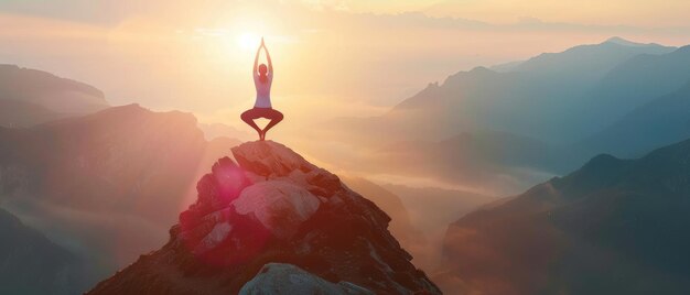 Photo a lone figure practices yoga on a mountain peak at sunrise surrounded by stunning panoramic views of misty valleys and distant mountains