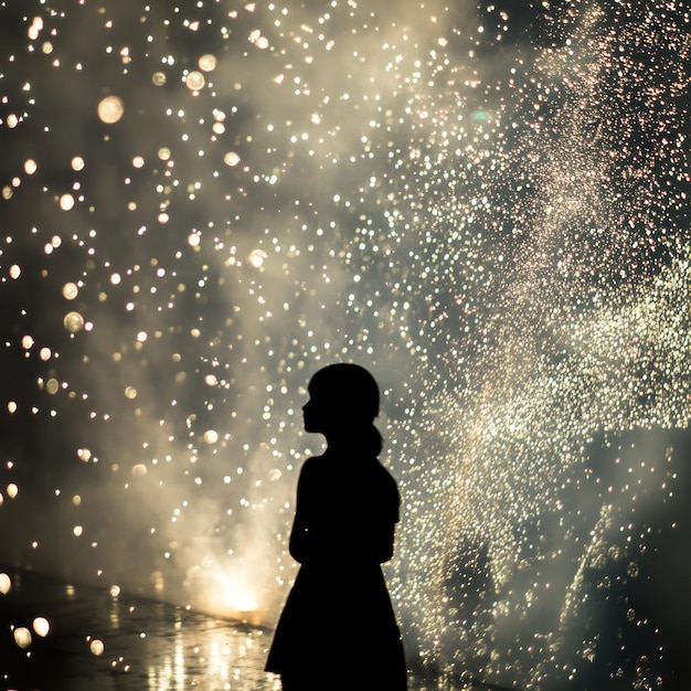 Photo a lone figure silhouetted against a vibrant fireworks display creating a captivating scene of wonder and celebration