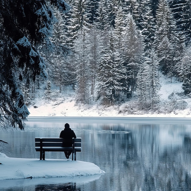 Photo a lone figure sits on a bench overlooking a frozen lake in a snowy forest