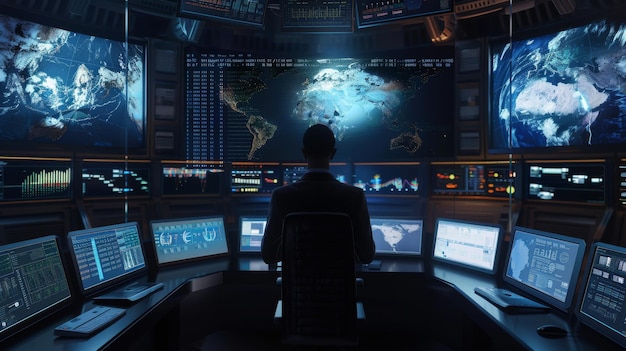 A lone figure sits in a hightech control room surrounded by multiple screens displaying global maps and data representing surveillance and global strategy