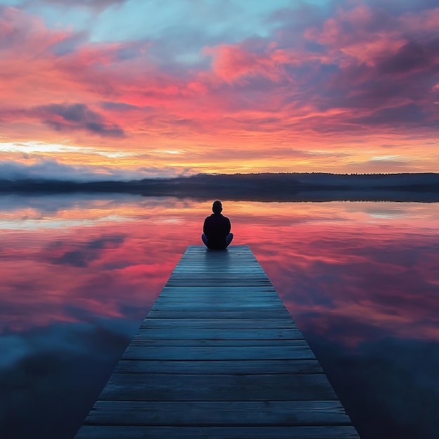 A lone figure sits in meditation on a wooden dock gazing out at a vibrant sunrise reflected in the still waters of a lake