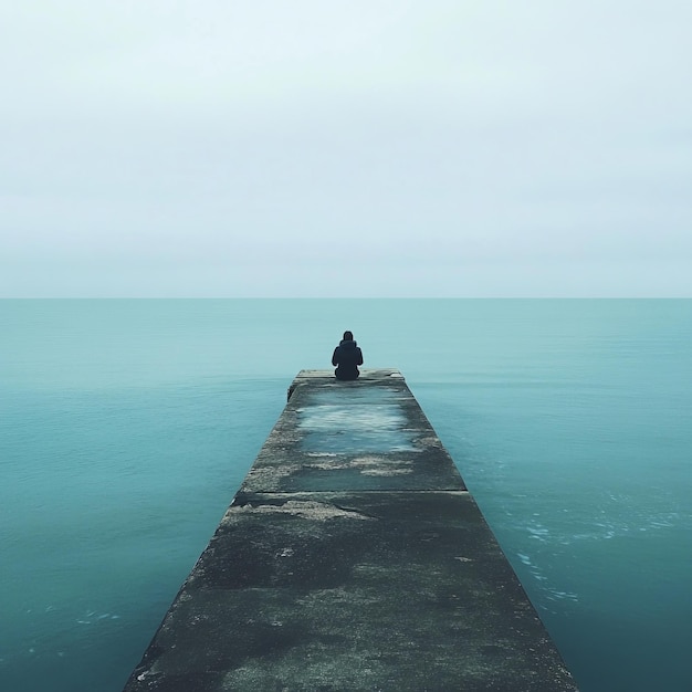 Photo a lone figure sits on a pier extending into a vast calm ocean