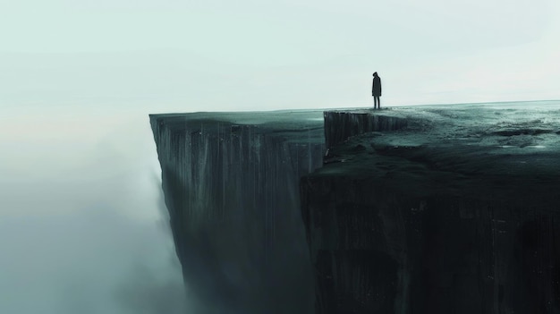 Photo a lone figure standing at the edge of a foggy cliff gazing into the misty abyss evoking a sense of solitude and contemplation