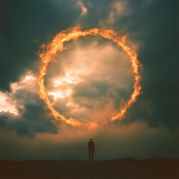 Photo a lone figure standing under a fiery ring in the clouds surreal atmospheric intense