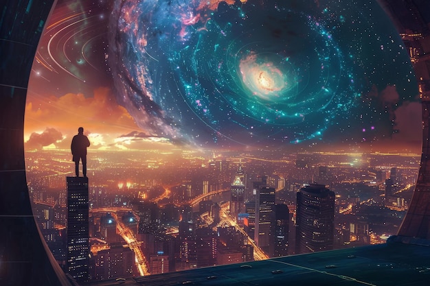 A lone figure standing on a rooftop gazing at a mysterious cosmic vortex above a futuristic cityscape at twilight