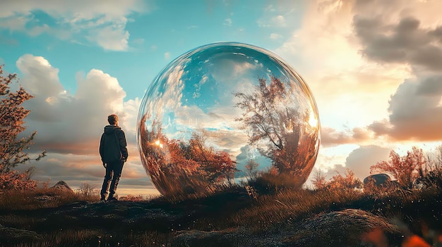 A lone figure stands in awe before a massive reflective sphere reflecting the sky and a forest against a backdrop of cloudy skies and a golden sunset