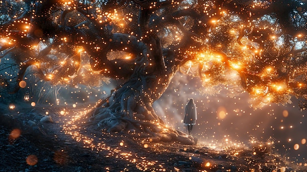 Photo a lone figure stands before a majestic glowing tree surrounded by twinkling lights and a mystical atmosphere