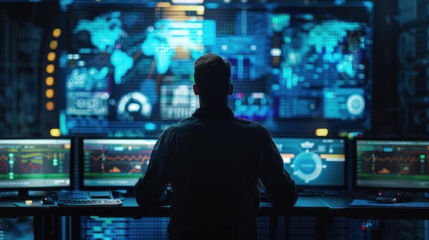 A lone figure stands before a wall of monitors displaying complex data and a world map