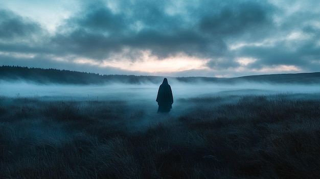 Photo a lone figure stands in a field of fog and fog