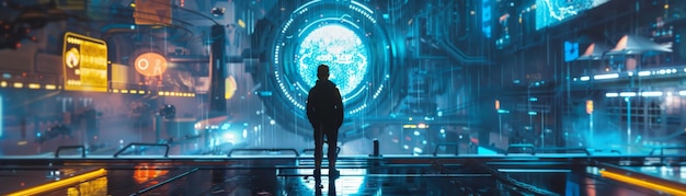 Photo a lone figure stands in a futuristic cityscape illuminated by blue lights gazing at a massive digital display scifi wonder and technology