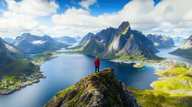 Photo a lone figure stands on a mountaintop overlooking a stunning fjord in lofoten norway