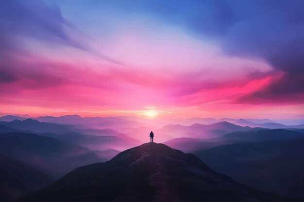 A lone figure stands on a mountaintop overlooking a vast misty landscape at sunrise