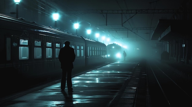 A lone figure stands on the platform facing away from the camera the lights of the spectral train