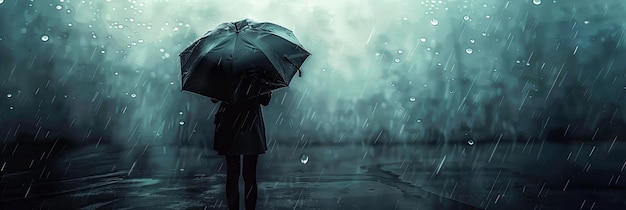 A lone figure stands in the rain their shoulders hunched and head down The person holds an umbrella for shelter seeking solace from the grey sky and heavy downpour Generative AI