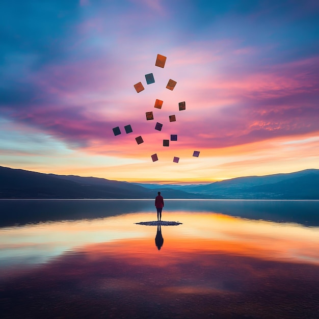 Photo a lone figure stands on a small island in a still lake surrounded by colorful squares floating in a vibrant sunset sky